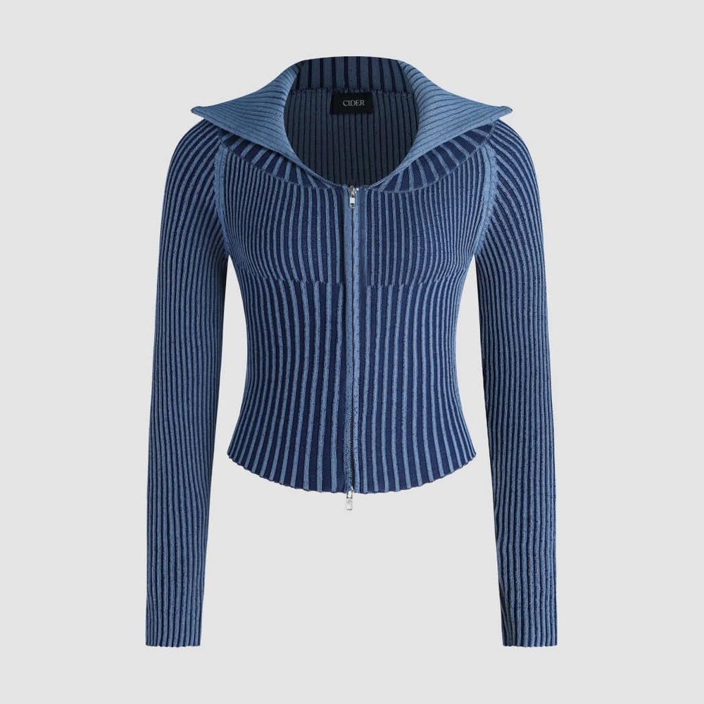Cider Blue Cardigan with Zip Front and Collared Neckline